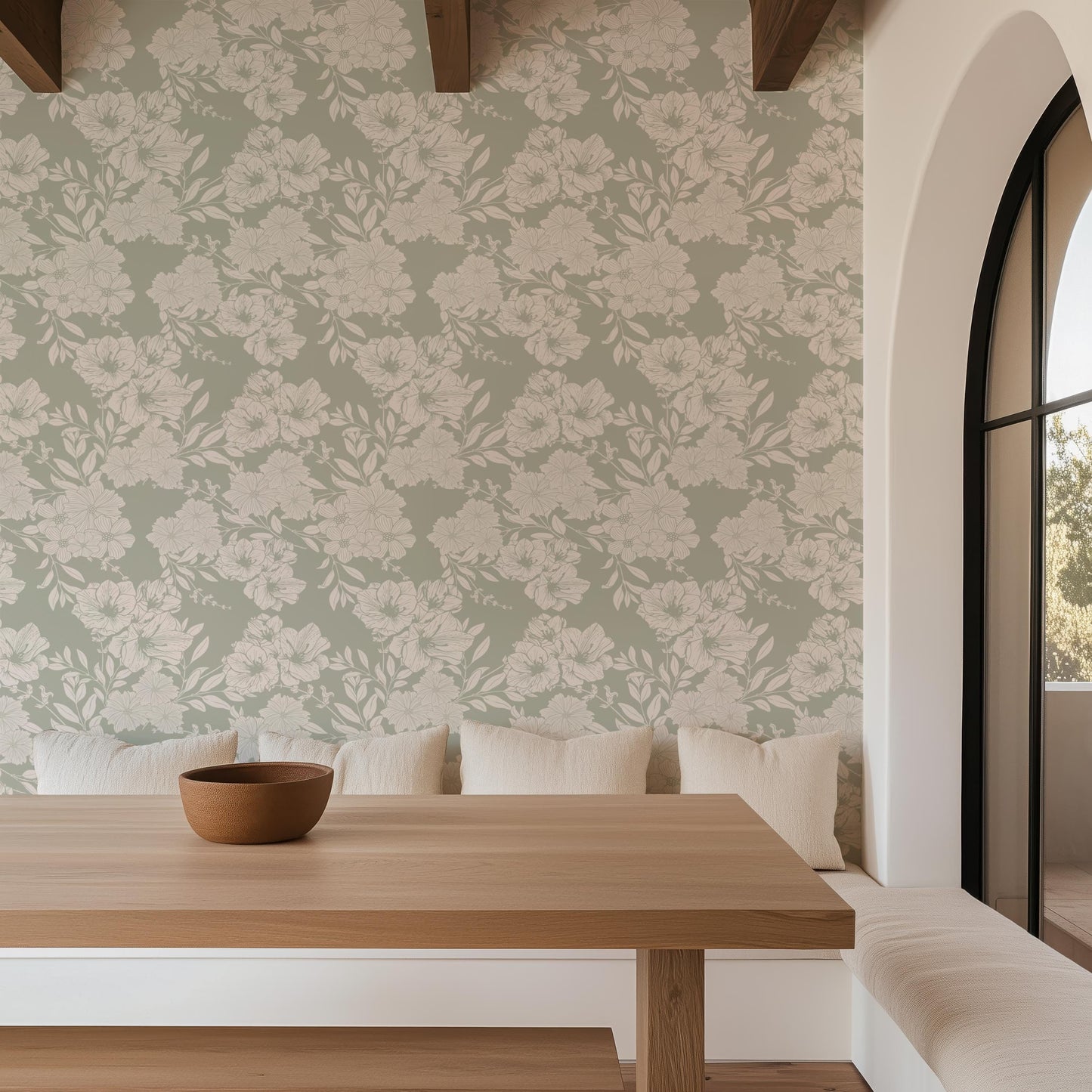 Sage Green Floral Peel and Stick Wallpaper Neutral Modern Botanical Wall Art for Living Room, Bedroom, Nursery, Removable Designer Wallpaper