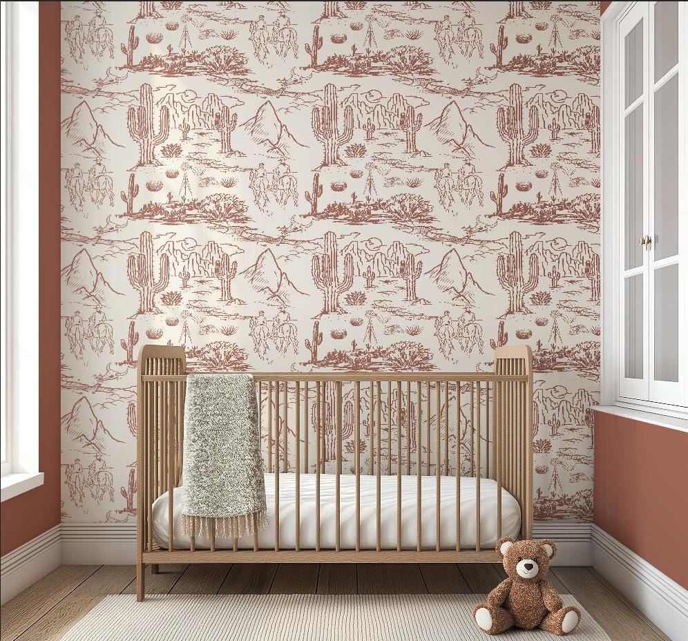 Western Toile Wallpaper Cowboy Desert Scene Peel and Stick Western Wall Mural For Nursery Rustic Farmhouse Landscape Decor Custom Wallpaper