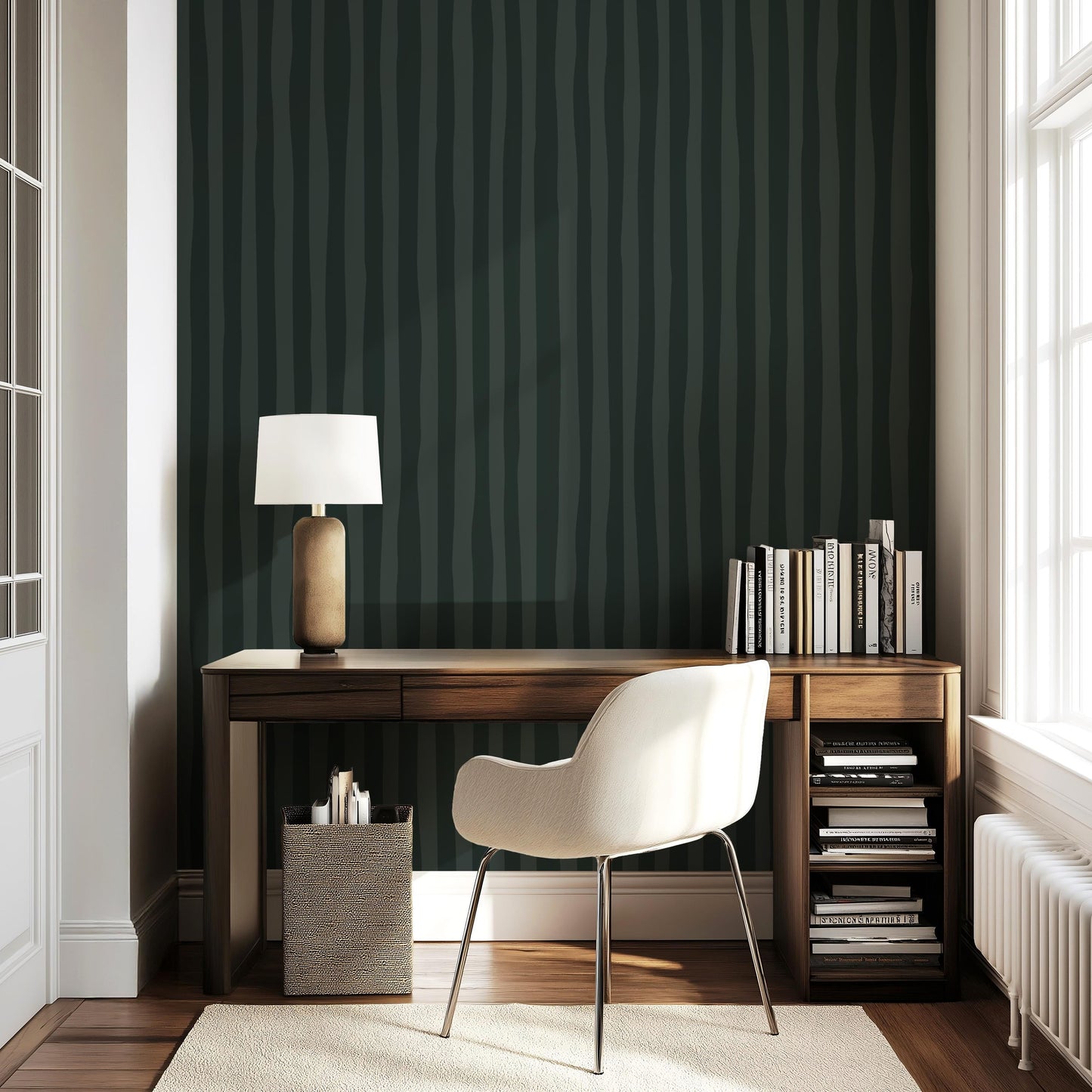 Moody Dark Green Stripe Wallpaper, European Vertical Dolce Stripe, Architectural Kitchen, Dining & Study Wallpaper