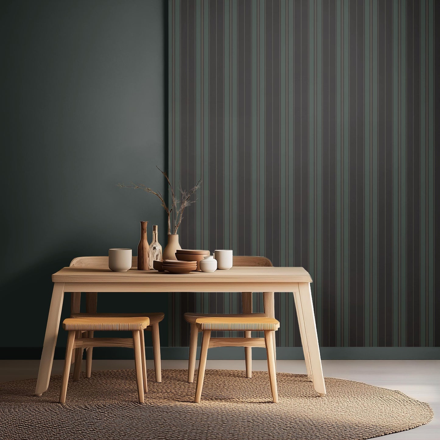 Dark Green Vertical Stripe Wallpaper, Moody Tonal Stripe for Men's Study, Bedroom, Dining Room & Boy Nursery Classic Interiors