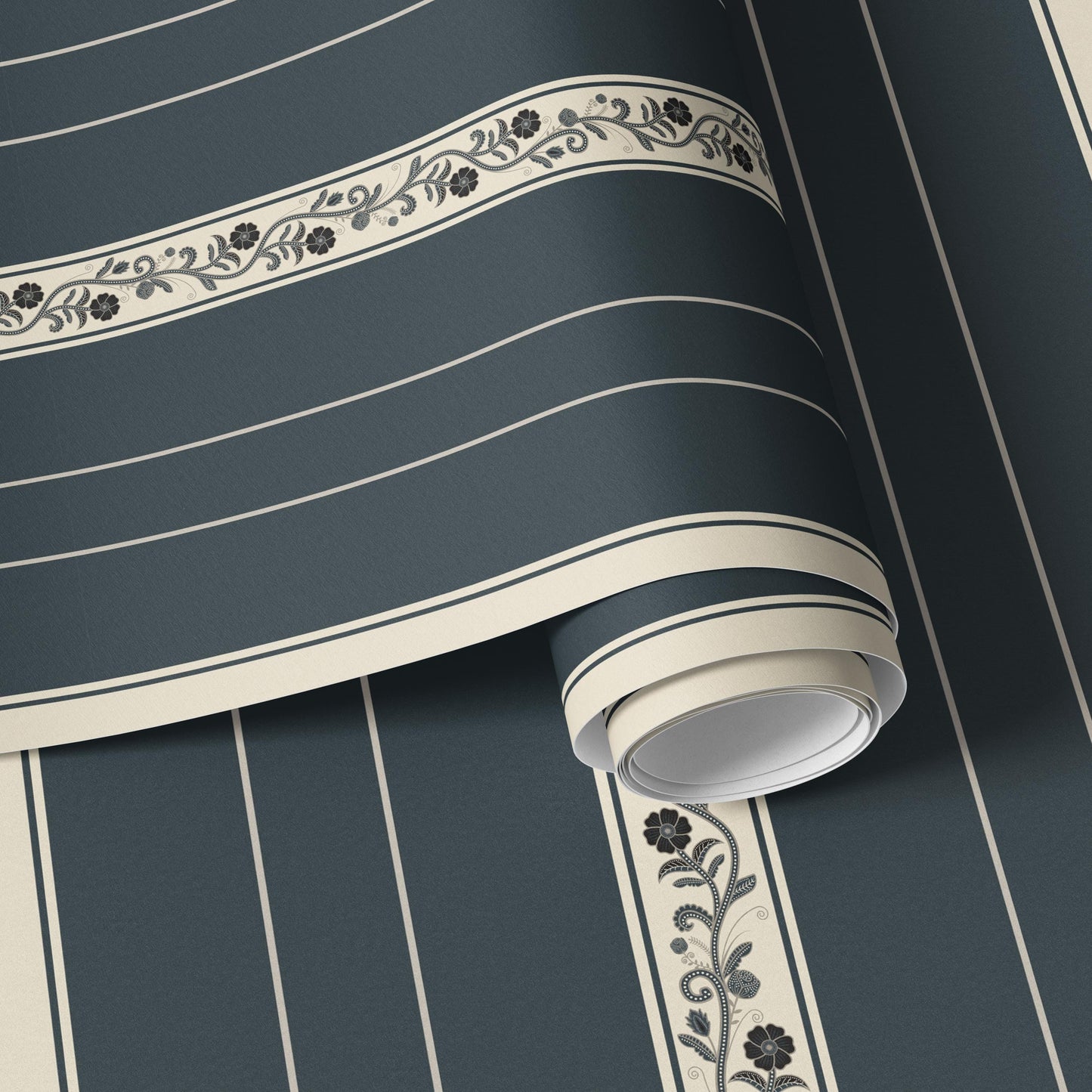 Classic Blue Stripe Wallpaper with Botanical Detail | Traditional Heritage Wall Covering | Peel & Stick Non Woven Unpasted