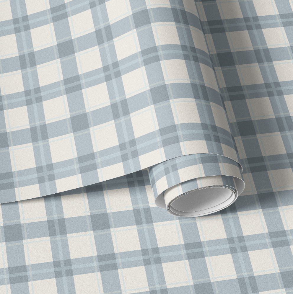 Slate Blue Cream Plaid Wallpaper | Gingham Linen Look | Neutral Boy Nursery Bedroom Wallpaper | Traditional Prepasted And Peel & Stick