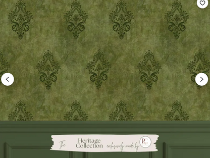 Weathered Green Damask Wallpaper -Vintage Floral