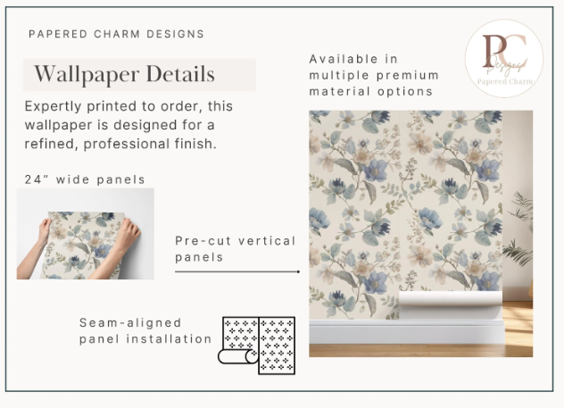 Heritage Blue Garden Floral Wallpaper | Linen Look Cream Botanical | Timeless English Style For Girl Nursery Bedroom Pre-Pasted Traditional