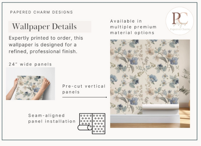 Heritage Blue Garden Floral Wallpaper | Linen Look Cream Botanical | Timeless English Style For Girl Nursery Bedroom Pre-Pasted Traditional