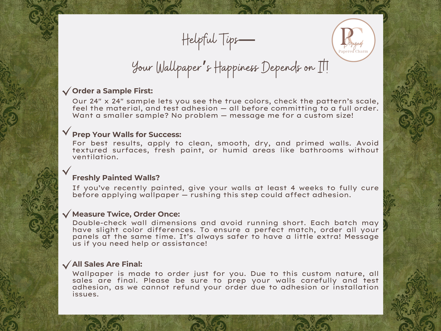 Weathered Green Damask Wallpaper -Vintage Floral