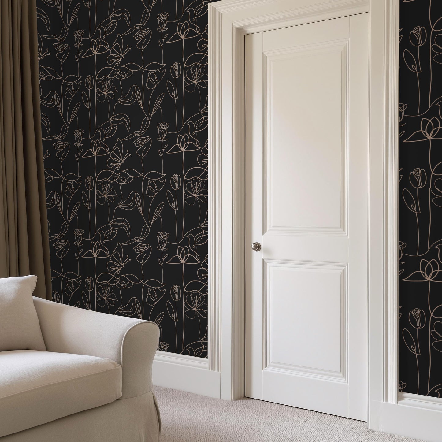 Dark Botanical Line Art Wallpaper