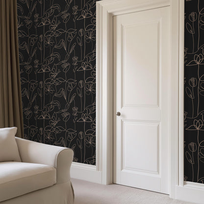 Dark Botanical Line Art Wallpaper