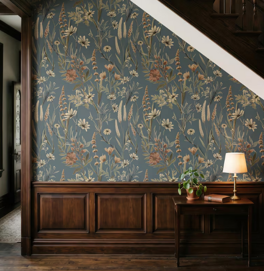 Moody Blue Botanical Wallpaper Vintage Floral Peel and Stick Cottage Farmhouse Room Traditional Prepasted