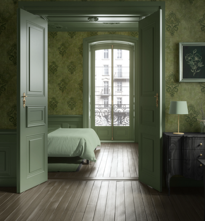 Weathered Green Damask Wallpaper -Vintage Floral