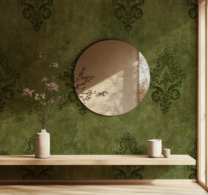 Weathered Green Damask Wallpaper -Vintage Floral