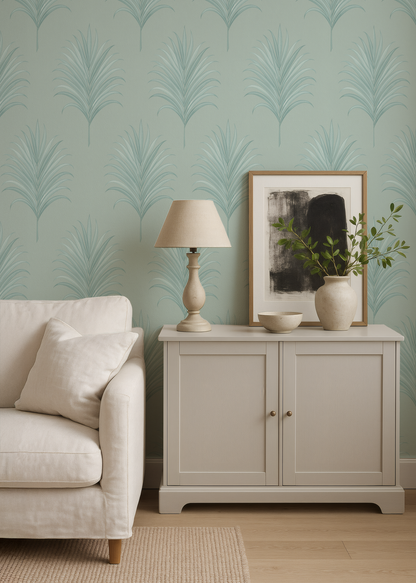 Coastal Palm Wallpaper | Sea Green Tropical Leaf Accent Wall | Art Deco Style | Beach House Wall Mural | Removable Peel and Stick & Unpasted