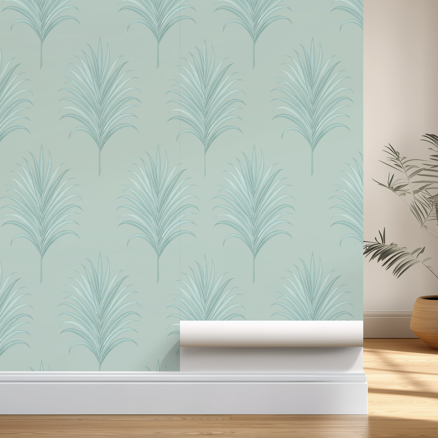Coastal Palm Wallpaper | Sea Green Tropical Leaf Accent Wall | Art Deco Style | Beach House Wall Mural | Removable Peel and Stick & Unpasted