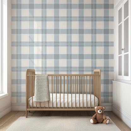 Slate Blue Cream Plaid Wallpaper | Gingham Linen Look | Neutral Boy Nursery Bedroom Wallpaper | Traditional Prepasted And Peel & Stick