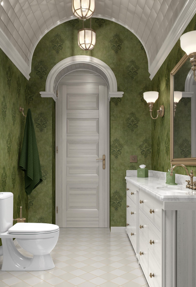 Weathered Green Damask Wallpaper -Vintage Floral