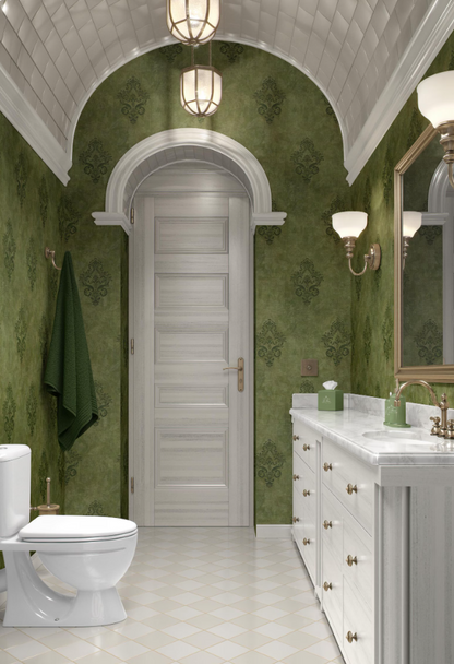 Weathered Green Damask Wallpaper -Vintage Floral