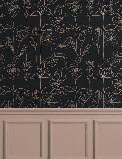 Dark Botanical Line Art Wallpaper