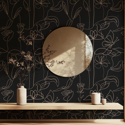 Dark Botanical Line Art Wallpaper