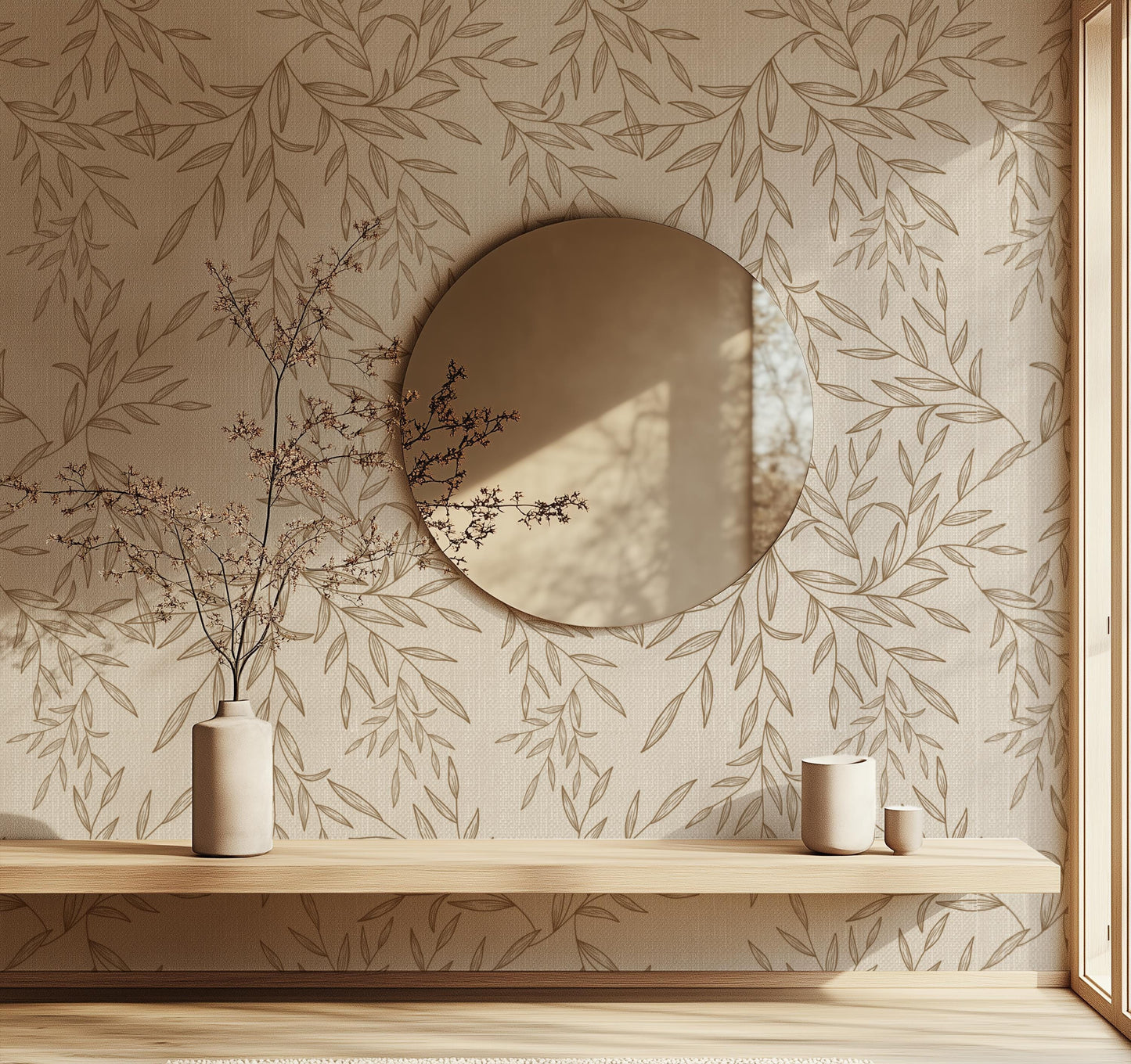 Beige Botanical Faux Linen Textured Wallpaper Peel and Stick Removable Wall Covering Vintage Floral Neutral Wall Art for Bedroom Living Room
