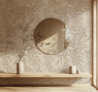 Beige Botanical Faux Linen Textured Wallpaper Peel and Stick Removable Wall Covering Vintage Floral Neutral Wall Art for Bedroom Living Room