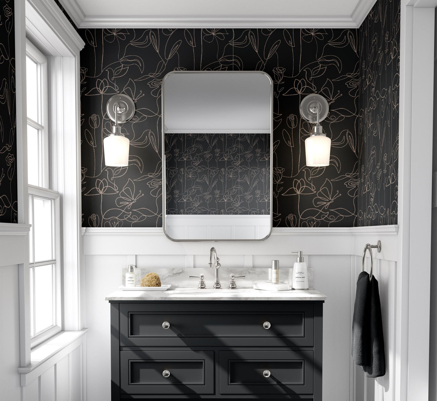 Dark Botanical Line Art Wallpaper: Black & Beige Floral Mural
