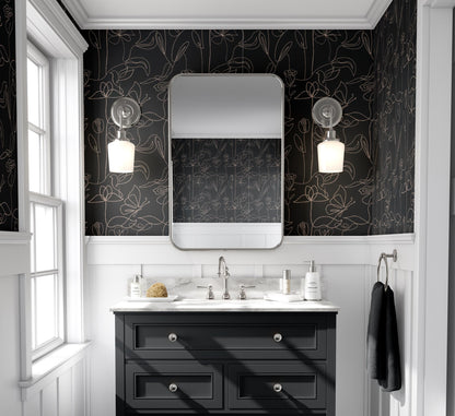 Dark Botanical Line Art Wallpaper: Black & Beige Floral Mural