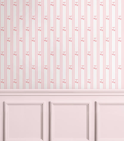 Pink Cherry Striped Wallpaper: Retro Nursery Peel and Stick