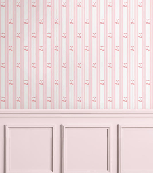 Pink Cherry Striped Wallpaper: Retro Nursery Peel and Stick