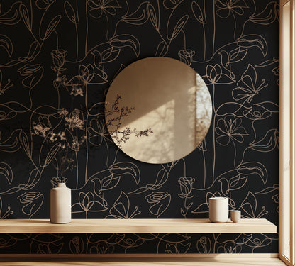 Dark Botanical Line Art Wallpaper: Black & Beige Floral Mural
