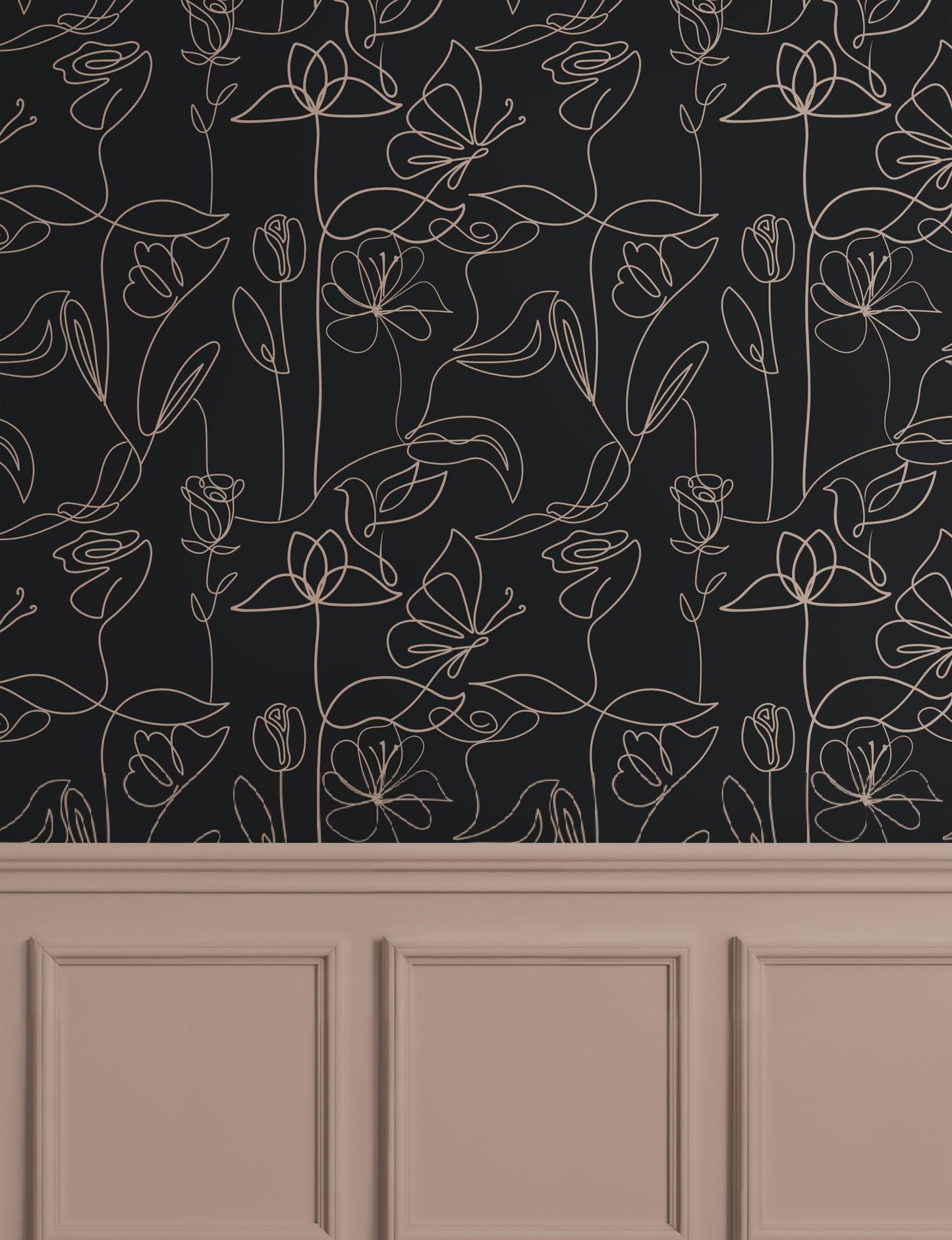 Dark Botanical Line Art Wallpaper: Black & Beige Floral Mural