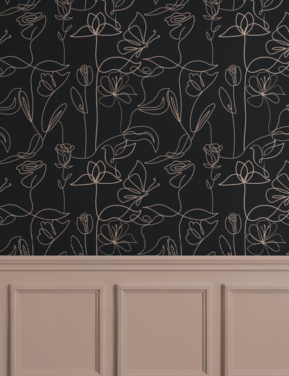 Dark Botanical Line Art Wallpaper: Black & Beige Floral Mural