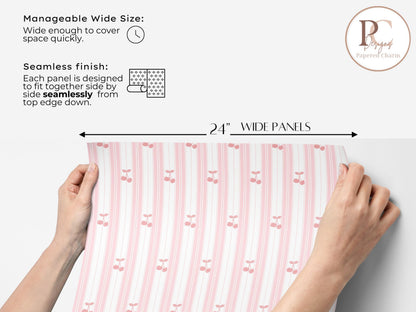 Pink Cherry Striped Wallpaper: Retro Nursery Peel and Stick
