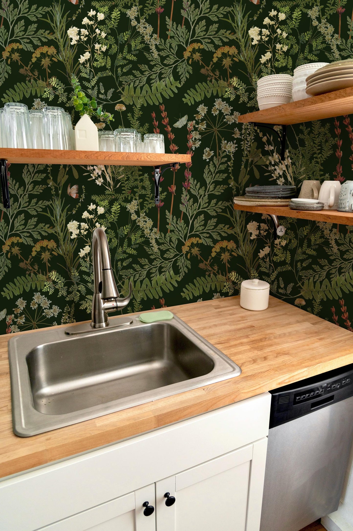 Mossy Green Botanical Fern Wallpaper Peel & Stick Dark Floral Mural Moody Apothecary Removable Wallpaper For Dark Academia Home Decor