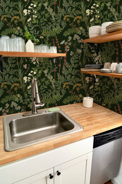 Mossy Green Botanical Fern Wallpaper Peel & Stick Dark Floral Mural Moody Apothecary Removable Wallpaper For Dark Academia Home Decor