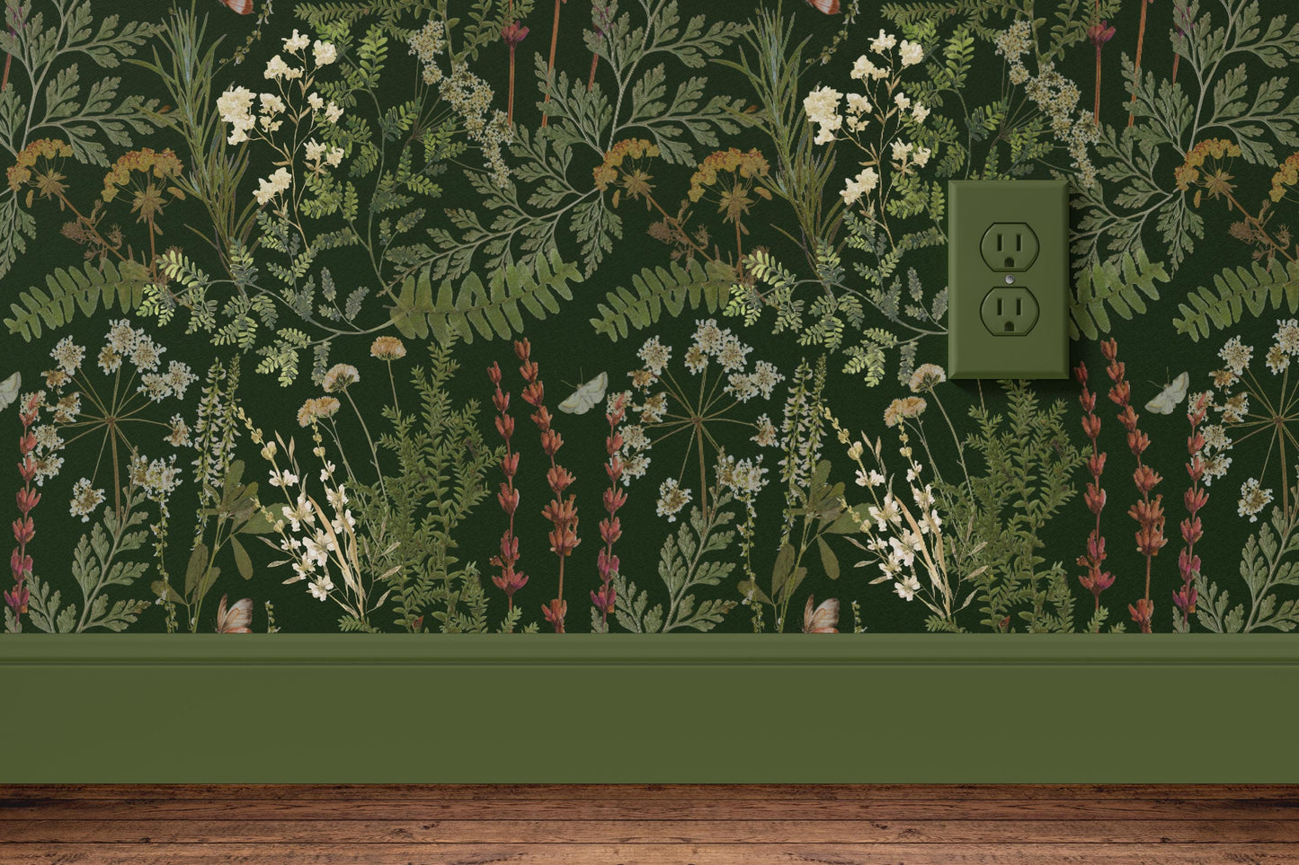 Mossy Green Botanical Fern Wallpaper Peel & Stick Dark Floral Mural Moody Apothecary Removable Wallpaper For Dark Academia Home Decor