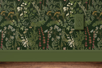 Mossy Green Botanical Fern Wallpaper Peel & Stick Dark Floral Mural Moody Apothecary Removable Wallpaper For Dark Academia Home Decor