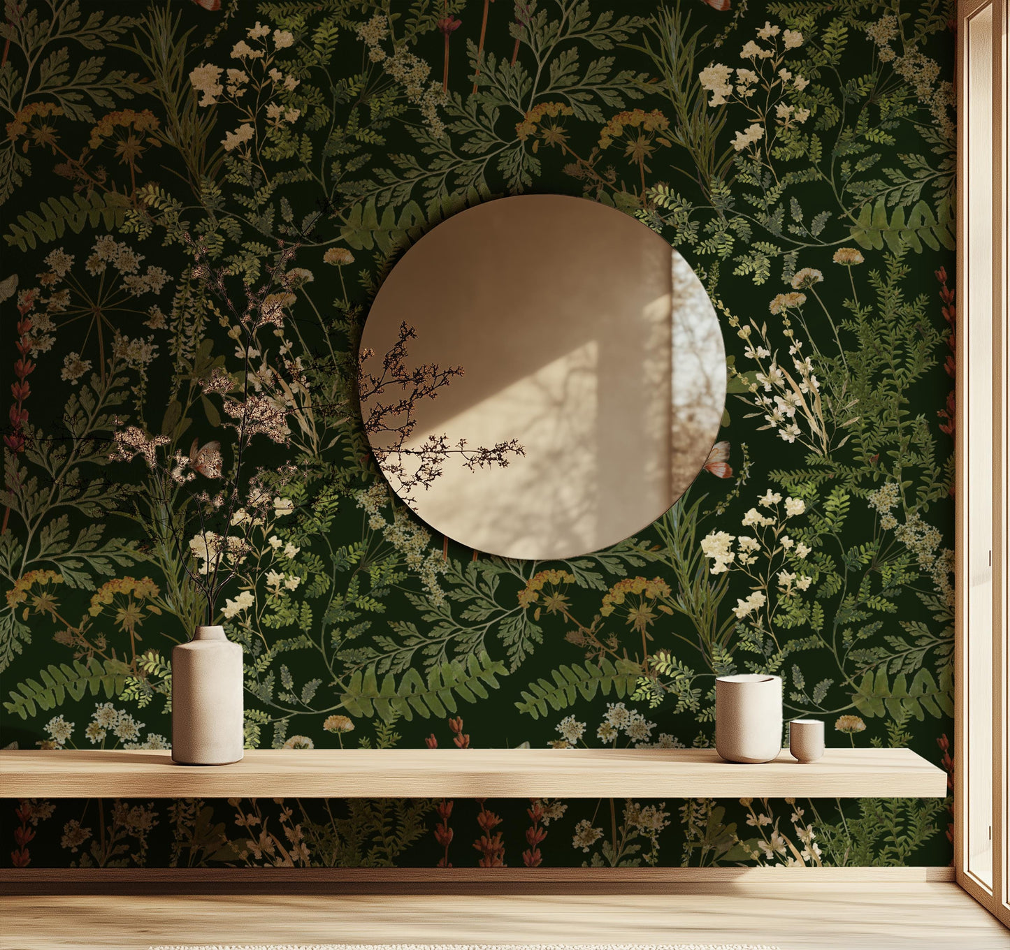 Mossy Green Botanical Fern Wallpaper Peel & Stick Dark Floral Mural Moody Apothecary Removable Wallpaper For Dark Academia Home Decor