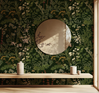 Mossy Green Botanical Fern Wallpaper Peel & Stick Dark Floral Mural Moody Apothecary Removable Wallpaper For Dark Academia Home Decor