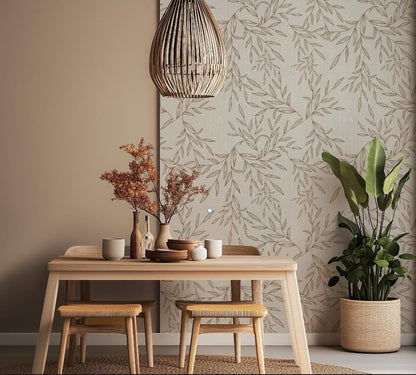 Beige Botanical Faux Linen Textured Wallpaper Peel and Stick Removable Wall Covering Vintage Floral Neutral Wall Art for Bedroom Living Room