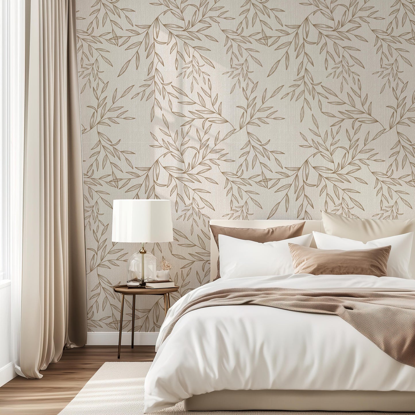 Beige Botanical Faux Linen Textured Wallpaper Peel and Stick Removable Wall Covering Vintage Floral Neutral Wall Art for Bedroom Living Room