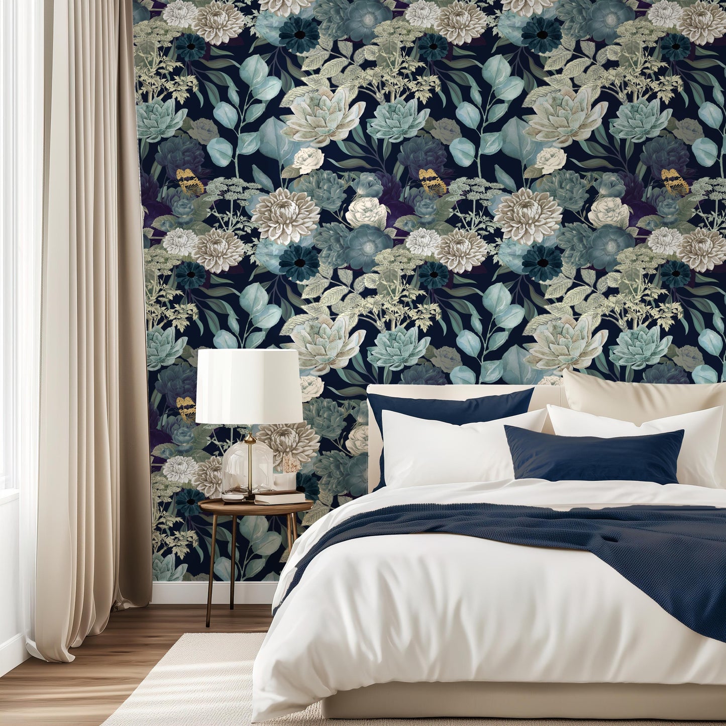 Elegant Blue Floral Wallpaper Peel & Stick Dark Botanical Garden Wall Mural For Bedroom Traditional Prepasted Removable Wallpaper