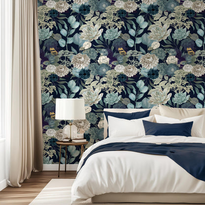 Elegant Blue Floral Wallpaper Peel & Stick Dark Botanical Garden Wall Mural For Bedroom Traditional Prepasted Removable Wallpaper