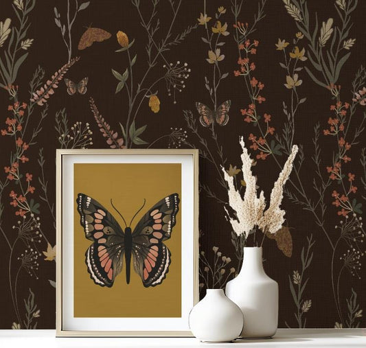 Dark Brown Botanical Wallpaper Peel and Stick Vintage Wildflower Wall Mural Cottagecore Dark Floral Wallpaper Removable Wall Decor