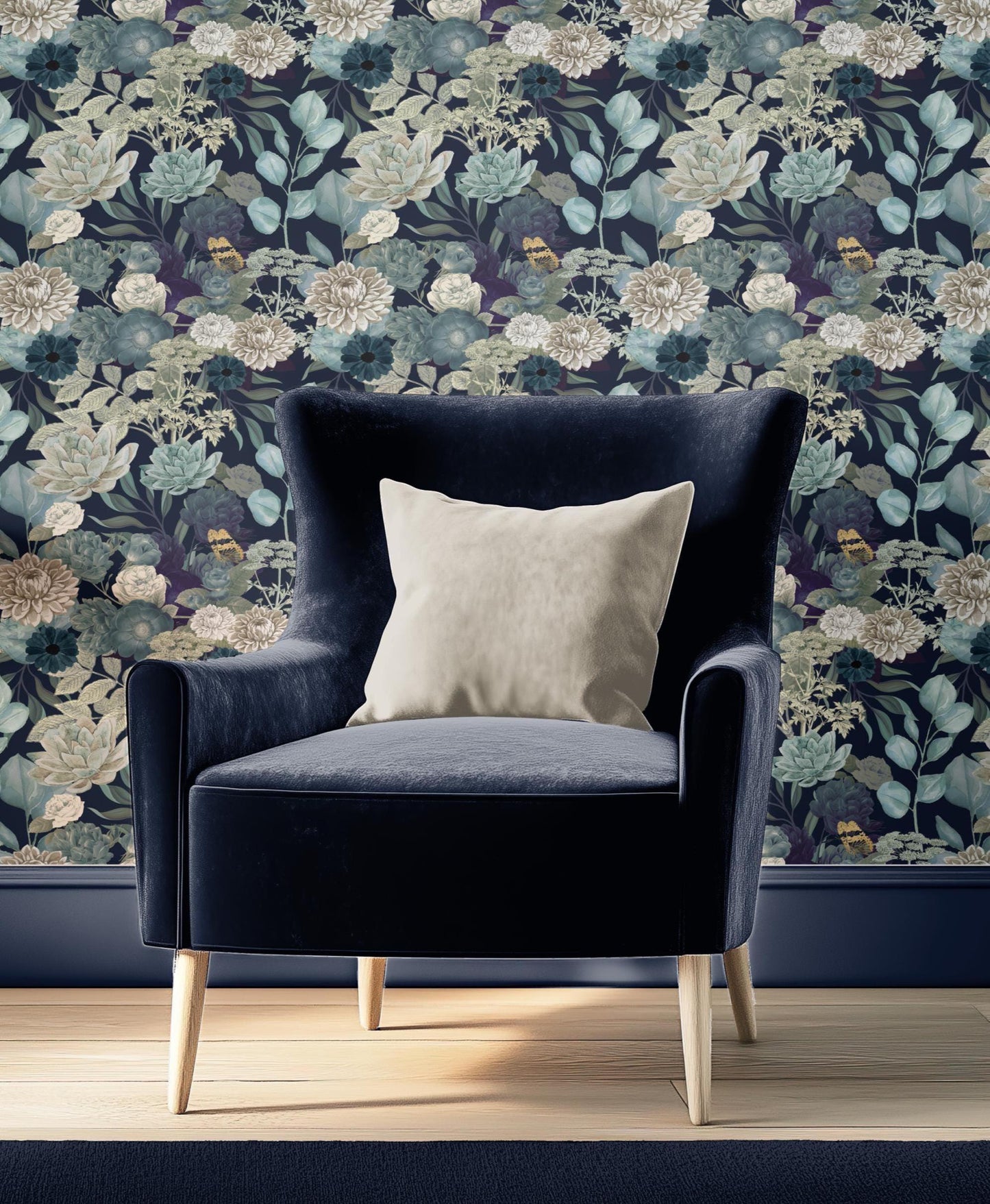 Elegant Blue Floral Wallpaper Peel & Stick Dark Botanical Garden Wall Mural For Bedroom Traditional Prepasted Removable Wallpaper