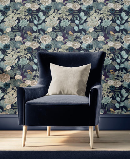 Elegant Blue Floral Wallpaper Peel & Stick Dark Botanical Garden Wall Mural For Bedroom Traditional Prepasted Removable Wallpaper
