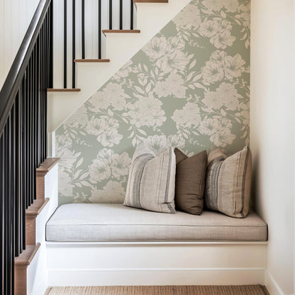 Sage Green Floral Peel and Stick Wallpaper Neutral Modern Botanical Wall Art for Living Room, Bedroom, Nursery, Removable Designer Wallpaper