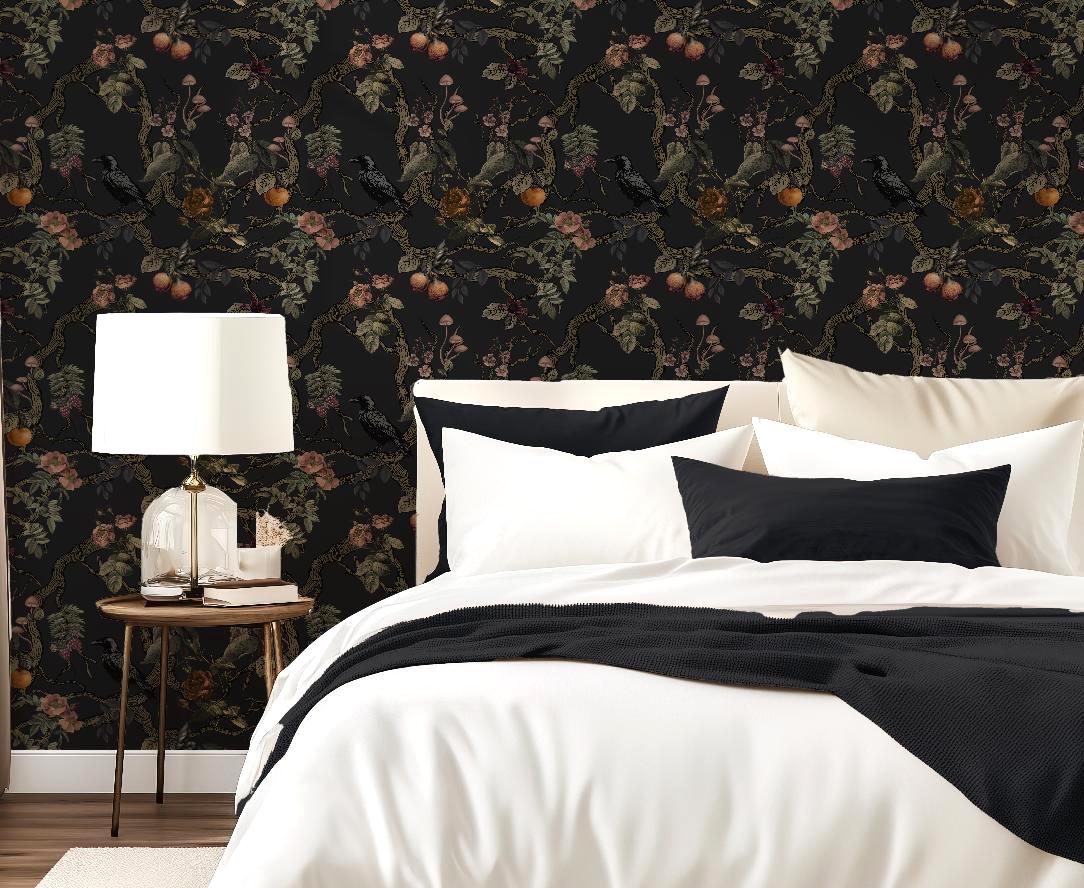 Gothic Chinoiserie Wallpaper Dark Moody Floral Mural with Raven Dark Academia Bedroom Decor Victorian Goth Bathroom Peel & Stick, Prepasted