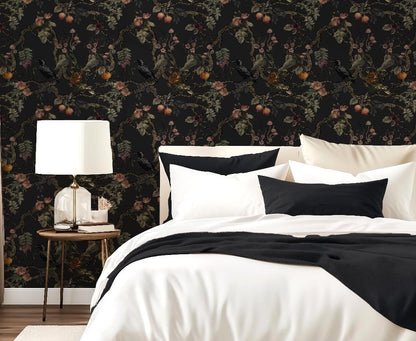 Gothic Chinoiserie Wallpaper Dark Moody Floral Mural with Raven Dark Academia Bedroom Decor Victorian Goth Bathroom Peel & Stick, Prepasted