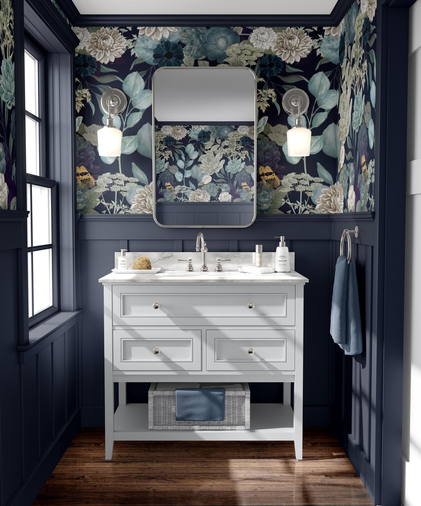 Elegant Blue Floral Wallpaper Peel & Stick Dark Botanical Garden Wall Mural For Bedroom Traditional Prepasted Removable Wallpaper