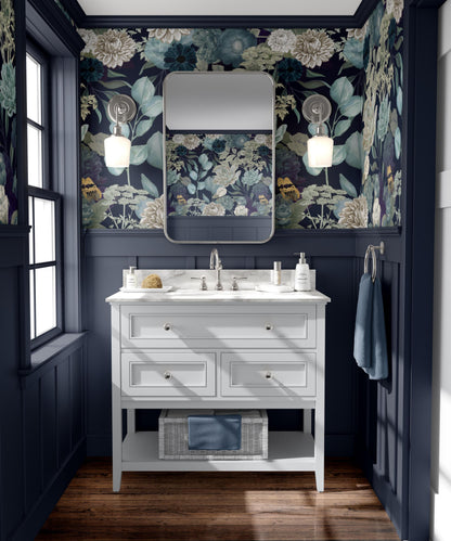 Elegant Blue Floral Wallpaper Peel & Stick Dark Botanical Garden Wall Mural For Bedroom Traditional Prepasted Removable Wallpaper